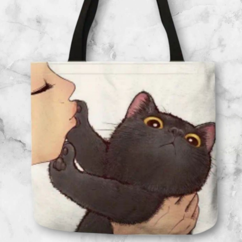 NEW Kissing Kitty Cat Print Tote Bag Large Reusable Black Cat #8